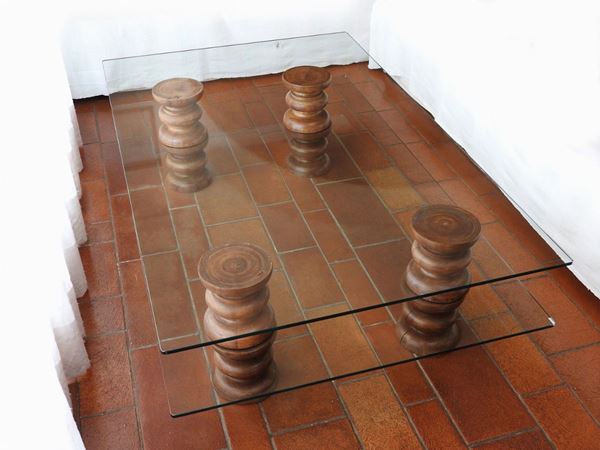 Glass CoffeeTable with Turned Wooden Supports