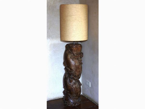 Pair of Carved Wooden Column Fragments Converted Into Lamps
