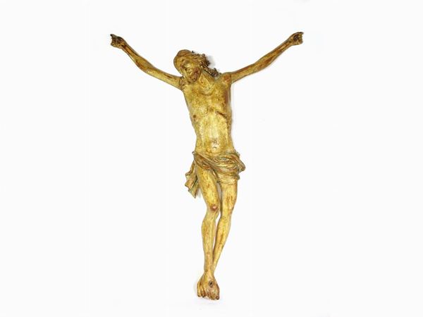 Cristo crocifisso in legno tenero intagliato e laccato