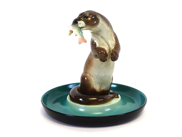 Polychrome Ceramic Centrepiece with a Standing Otter with Fish