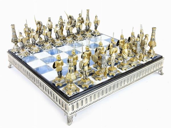 Metal and Hardstone Chess Board with Pawns