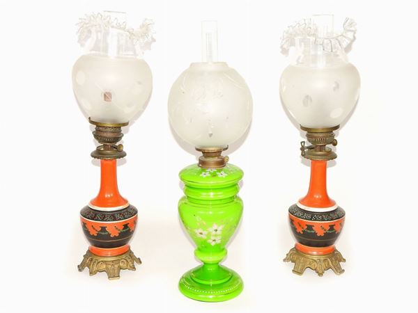 Three Porcelain and Glass Oil Lamps