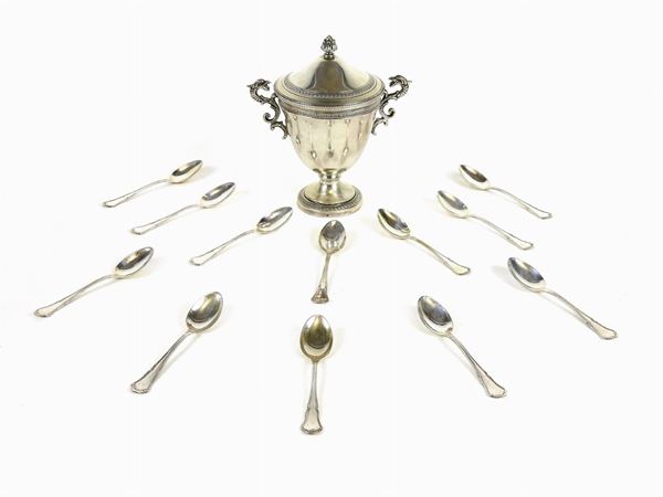 Silver Sugar Bowl and a Set of Twelve Coffee Spoons