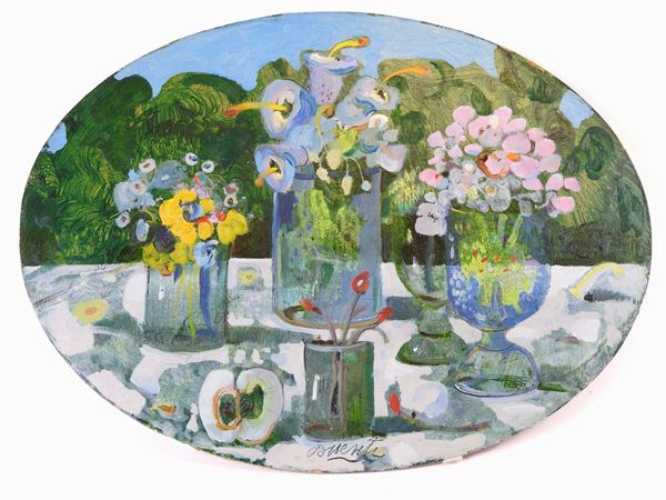 Antonio Possenti - Natura morta con vasi di fiori e mela