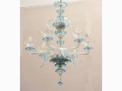 Lampadario in Vetro Soffiato di Murano Incolore e Celeste