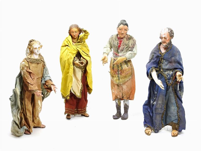 Quattro Personaggi del Presepe in Gesso e Terracotta Policroma