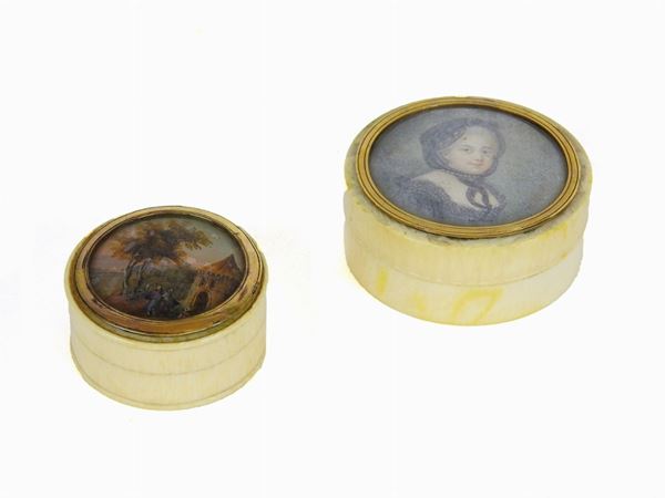 Two Round Ivory Snuff Boxes with Painted Miniatures
