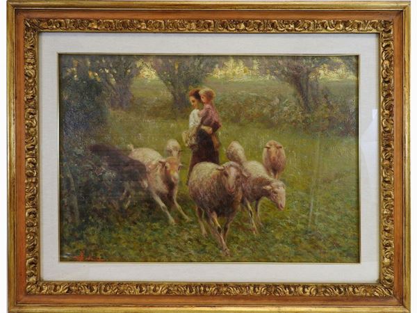 Guido Dolci : Shepherdess with Child and Herd  ((1880-1969))  - Auction Modern and Contemporary Art /   An antique casale in Settignano: Paintings - I - Maison Bibelot - Casa d'Aste Firenze - Milano