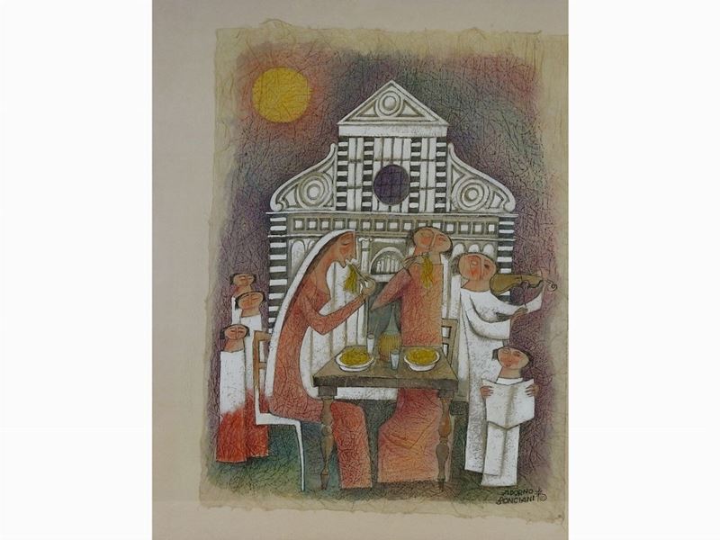 Adorno Bonciani - Veduta di Santa Maria Novella con Scena di Banchetto