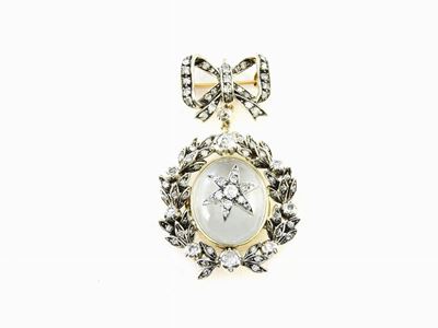 Spilla Portaritratti in Oro Giallo e Bianco, Diamanti e Cristallo di Rocca