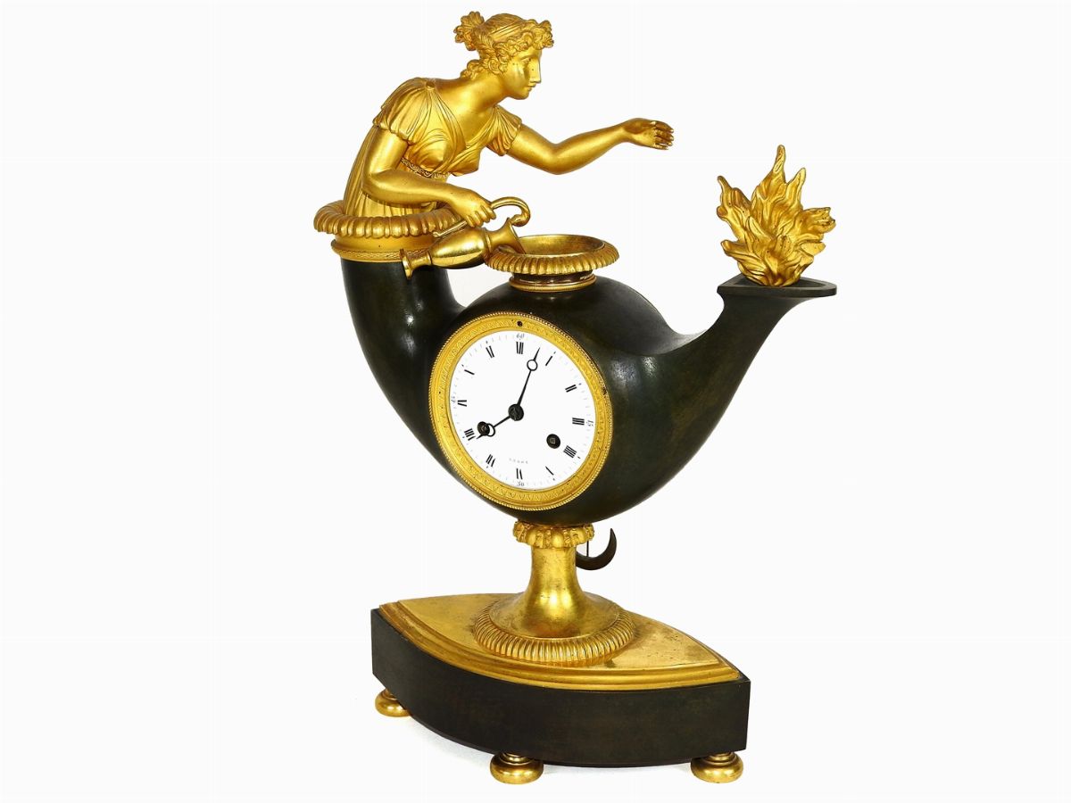 Orologio a Pendolo da Camino in Bronzo Dorato e Patinato