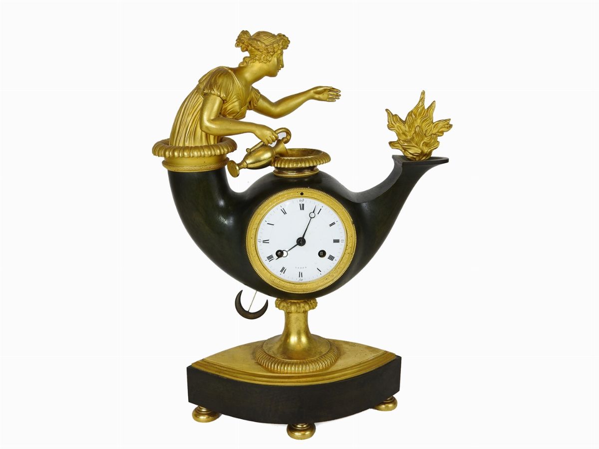 Orologio a Pendolo da Camino in Bronzo Dorato e Patinato