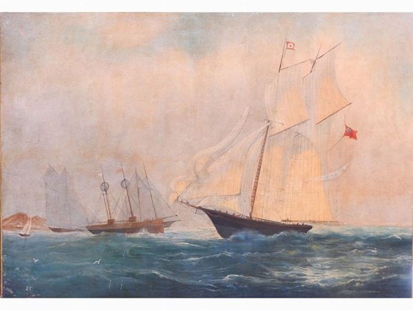 Seascape with Sailing Ships  (beginning of 20th Century)  - Auction Modern and Contemporary Art /   An antique casale in Settignano: Paintings - I - Maison Bibelot - Casa d'Aste Firenze - Milano