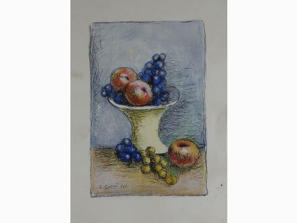 Carlo Carr&#224; : Still Life with Grapes 1962  ((1881-1966))  - Auction Modern and Contemporary Art /   An antique casale in Settignano: Paintings - I - Maison Bibelot - Casa d'Aste Firenze - Milano