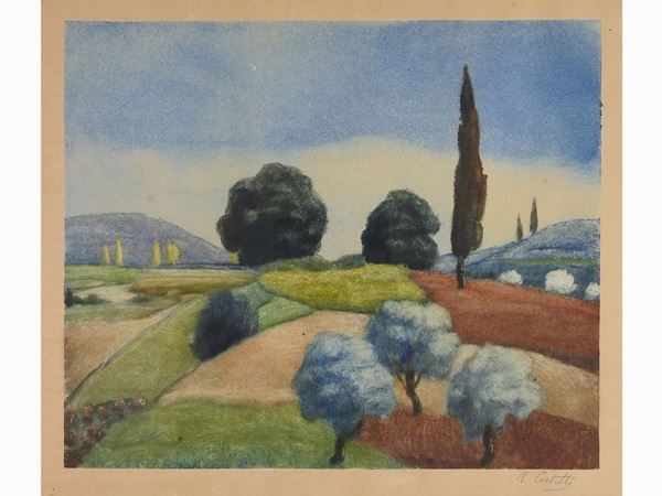 Romeo Costetti : Tuscan Landscape  ((1870-1957))  - Auction Modern and Contemporary Art /   An antique casale in Settignano: Paintings - I - Maison Bibelot - Casa d'Aste Firenze - Milano