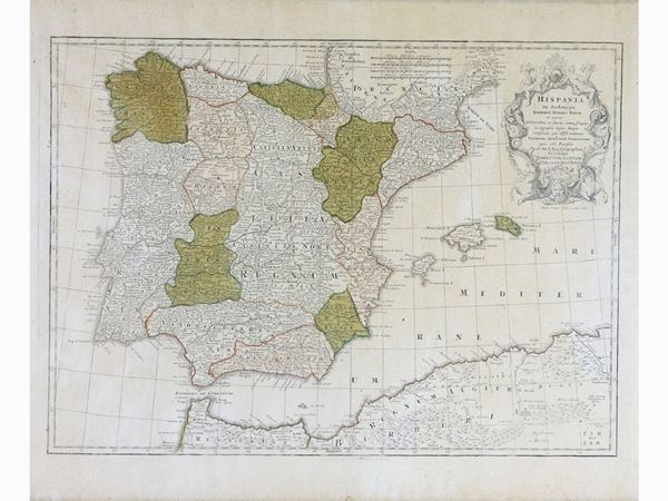Georg M&#228;tthaus Seutter : Map of Spain  ((1678-1757))  - Auction Modern and Contemporary Art /   An antique casale in Settignano: Paintings - I - Maison Bibelot - Casa d'Aste Firenze - Milano
