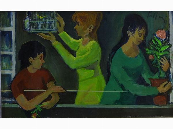 Silvio Polloni : Donne in terrazza  ((1888-1972))  - Asta Arte moderna e contemporanea /   Un antico casale a Settignano: i dipinti - I - Maison Bibelot - Casa d'Aste Firenze - Milano