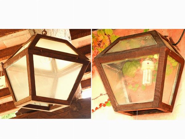 Oak and Glass Lantern and a Similar Wall Lamp