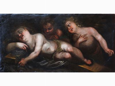 Gesù Bambino Dormiente con Angeli e Simboli della Passione