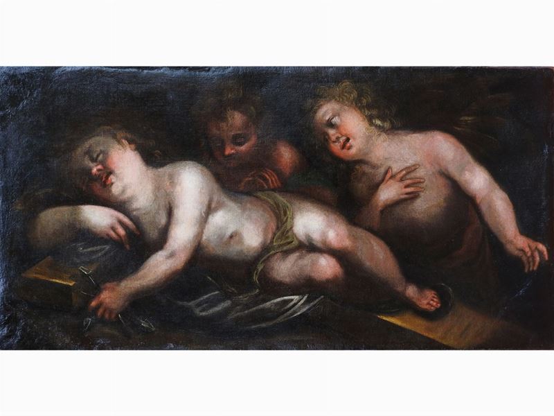 Cerchia di Giovanni Stefano Danedi Detto il Montalto - Gesù Bambino Dormiente con Angeli e Simbol...