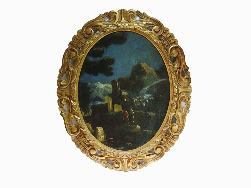 Scuola Veneta del XVIII Secolo - Paesaggio Fluviale Notturno con Personaggi