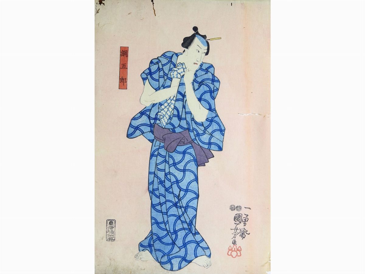 Lotto Composto da Dodici Stampe Ukyo-e, una Pittura Giapponese, una Miniatura ed un Tessuto India...