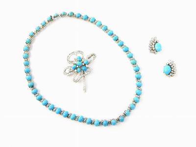 Parure Girocollo, Orecchini e Spilla in Oro Bianco, Diamanti e Turchesi