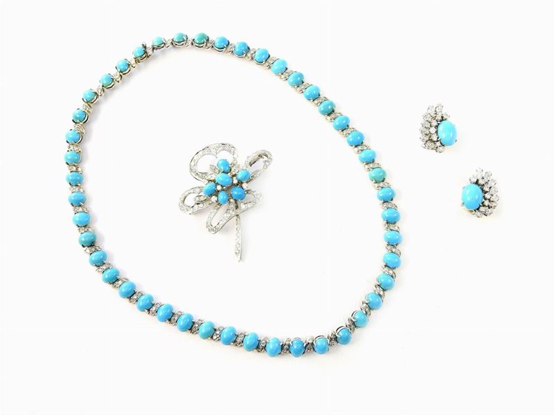 Parure Girocollo, Orecchini e Spilla in Oro Bianco, Diamanti e Turchesi