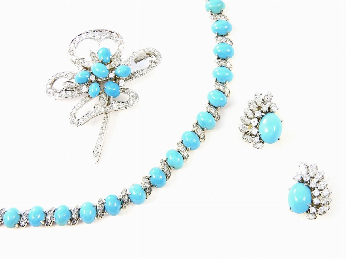 Parure Girocollo, Orecchini e Spilla in Oro Bianco, Diamanti e Turchesi