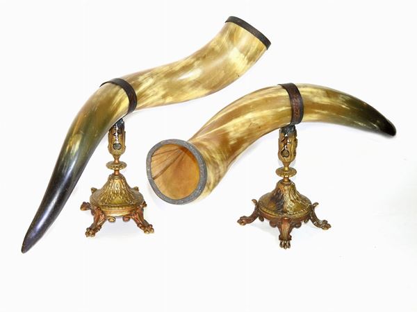 Pair of Bovine Horns on Gilded Metal Supports