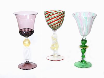 Tre Calici in Vetro Soffiato di Murano