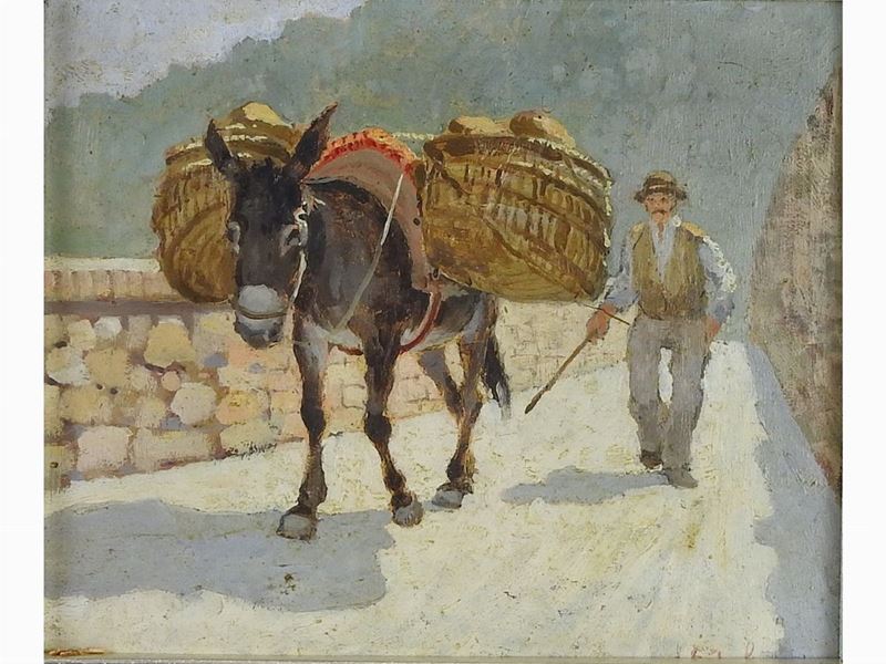 Giulio Falzoni - Scorcio di Strada con Personaggio e Ciuchino