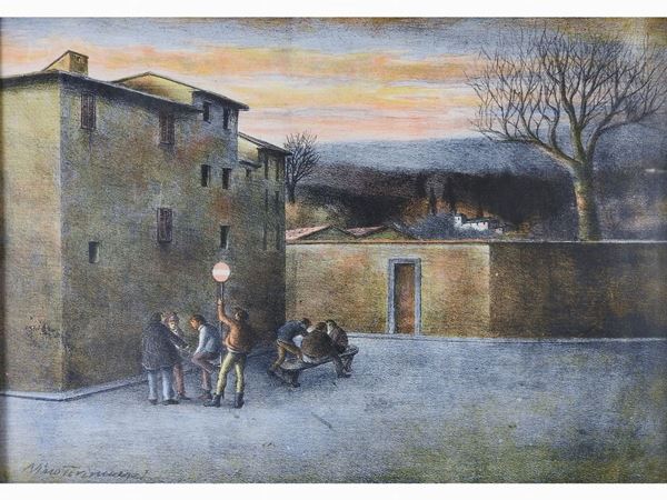 Nino Tirinnanzi : View of a Village with Figures  ((1923-2002))  - Auction Modern and Contemporary Art /   An antique casale in Settignano: Paintings - I - Maison Bibelot - Casa d'Aste Firenze - Milano