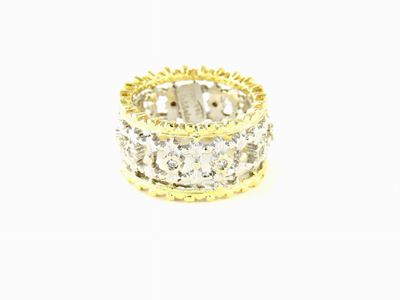 Anello a Fascia in Oro Bianco e Giallo con Piccoli Diamanti