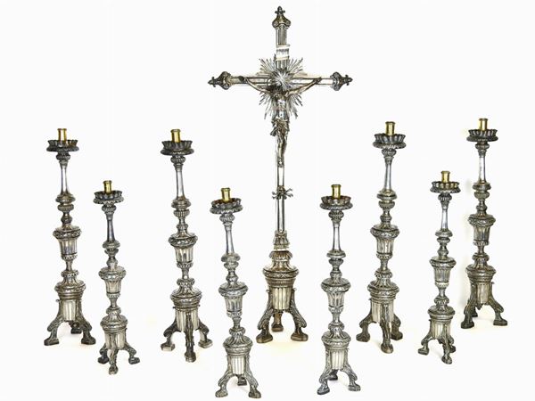 Silver Altar Set of High Candlesticks and Crucifix