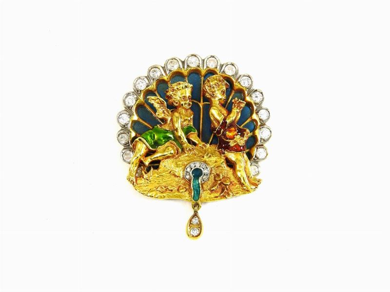 Pendente in Oro Giallo e Bianco, Smalti Policromi e Diamanti