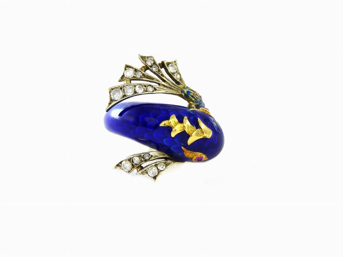 Anello Animalier in Oro Giallo, Argento, Smalto e Diamanti