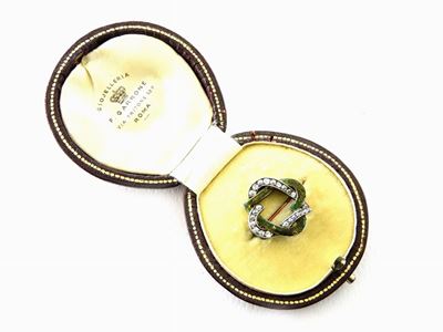 Spilla in Oro Giallo, Argento, Smalto e Diamanti