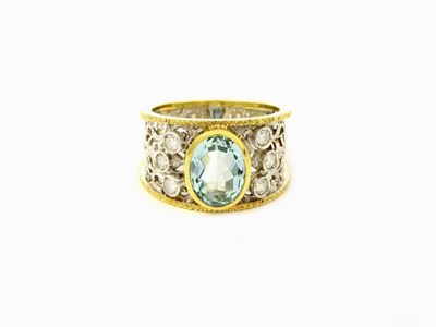 Anello in Oro Giallo e Bianco, Diamanti e Acquamarina
