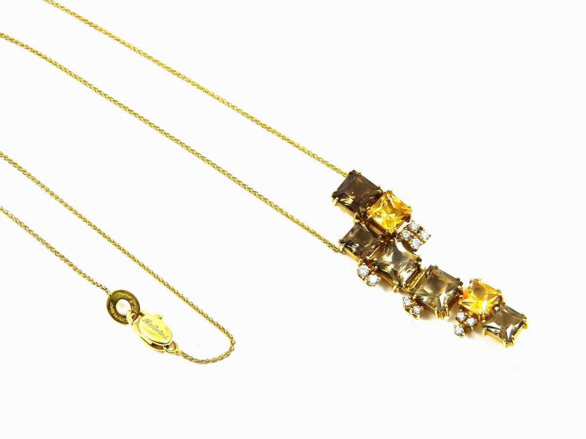 Parure Anello e Catenina con Pendente in Oro Giallo, Diamanti e Quarzi Citrini e Fumé