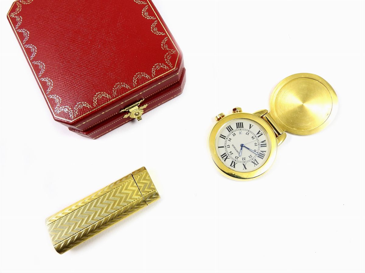 Orologio da Tavolo e Accendino Placcati in Oro Giallo