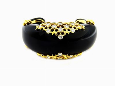 Bracciale Rigido in Oro Giallo, Diamanti e Onice