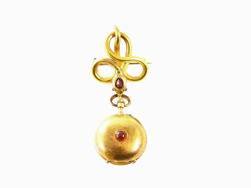Spilla Animalier con Orologio Pendente in Oro Giallo e Corniola