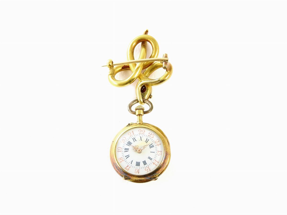 Spilla Animalier con Orologio Pendente in Oro Giallo e Corniola