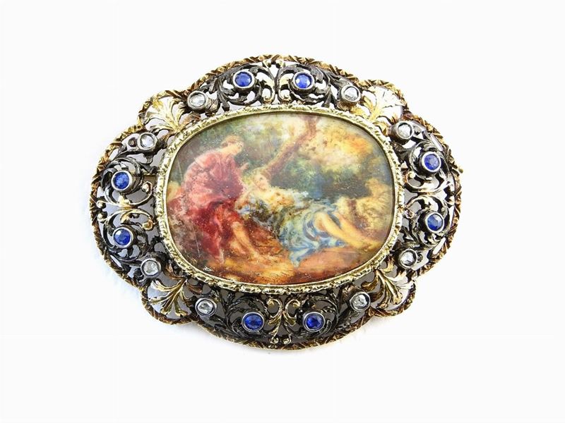 Spilla in Oro Giallo e Argento con Miniatura Centrale, Diamanti e Zaffiri