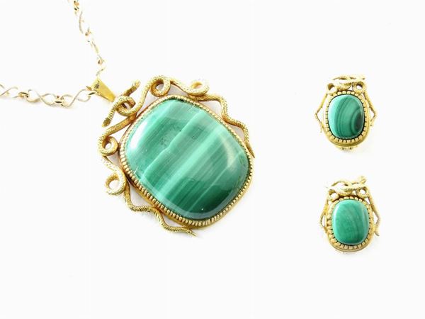 Parure animalier-shaped yellow gold and malachite necklace and earrings