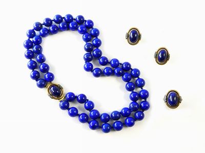 Parure Collana a Due Fili, Orecchini e Anello in Oro Giallo, Argento, Diamanti e Lapislazzuli