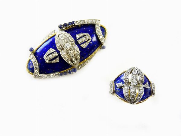 Parure of white and yellow gold brooch and ring with enamels, diamonds and sapphires  - Auction Jewels and Watches - II - II - Maison Bibelot - Casa d'Aste Firenze - Milano