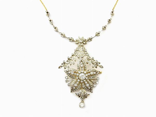 Platinum, yellow gold and diamonds necklace with brooch/pendant