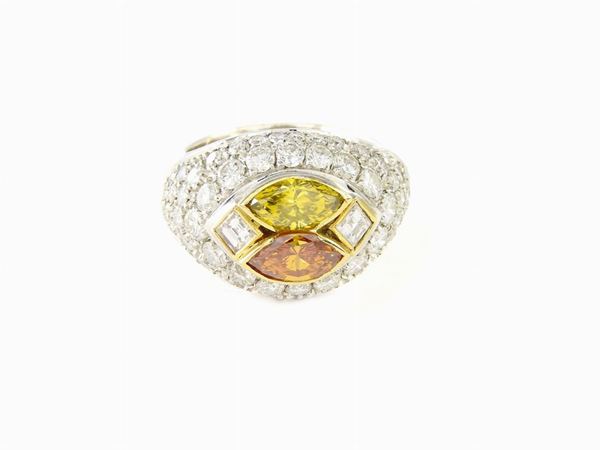 White gold domed ring with colourless and fancy colour diamonds